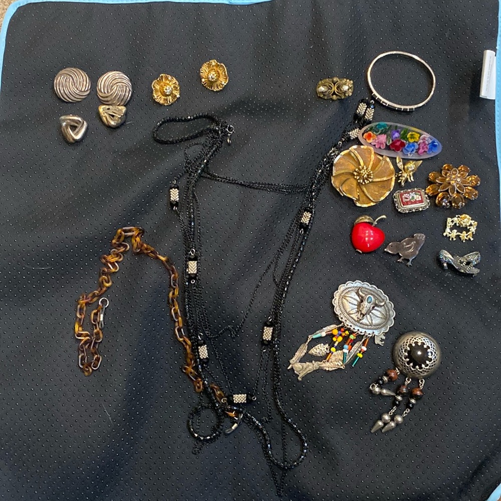 Assorted costume jewelry including pins , clip on earrings and necklace